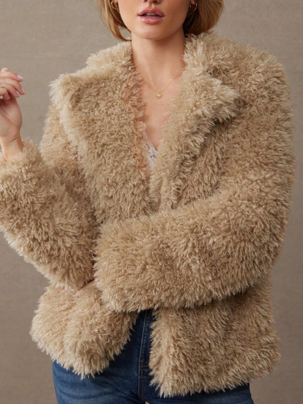 Brown Casual Women's Notch Collar Open Front Oversized Faux Fur Coat